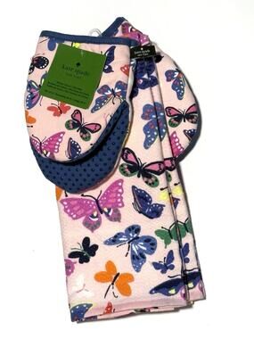 Kate Spade Butterfly Kitchen Towels Mini Oven Mitt Set NWT 4 Pcs Pink Multi